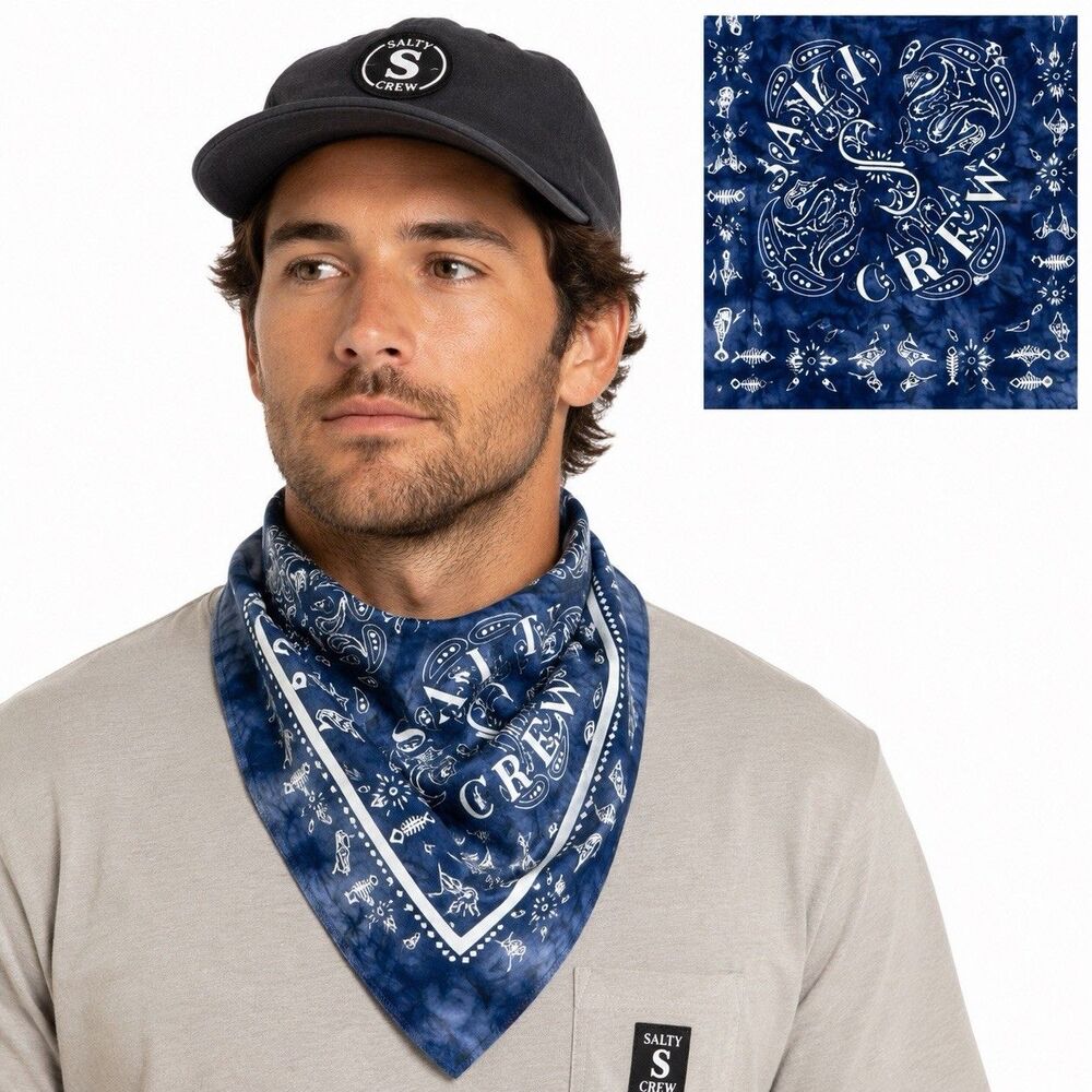 Salty Crew Fish Print Tippet Men’s Bandana Scarf Navy White Tie Die 22”x22” NWT